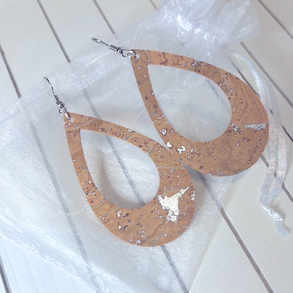 Handmade Portuguese Cork Leather Earrings With Silver Print. Super Lightweight!